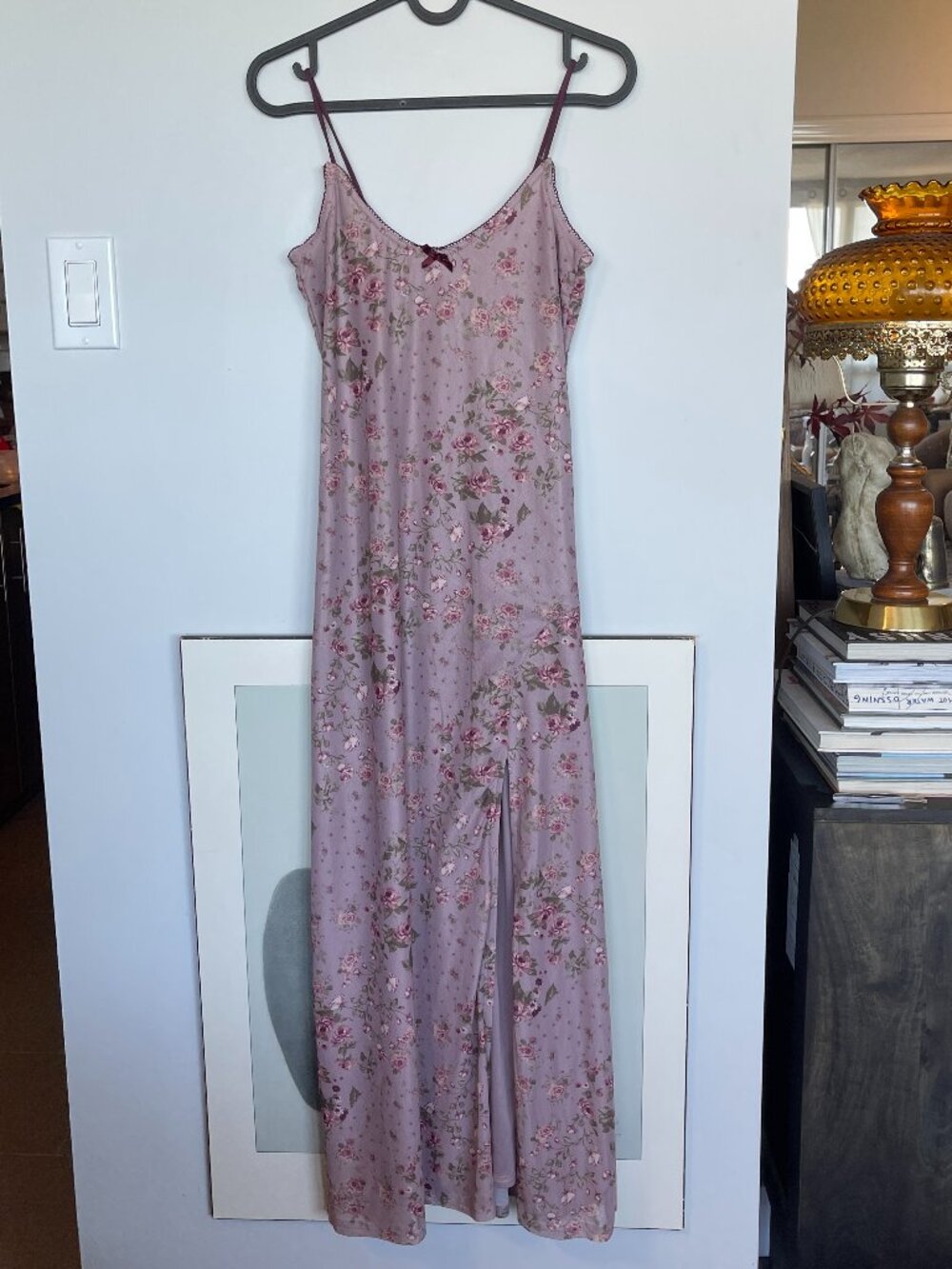 WILD SKYE MIDI TANK DRESS IN PURPLE WITH FLORAL PATTERN AND SLIT SIZE SMALL